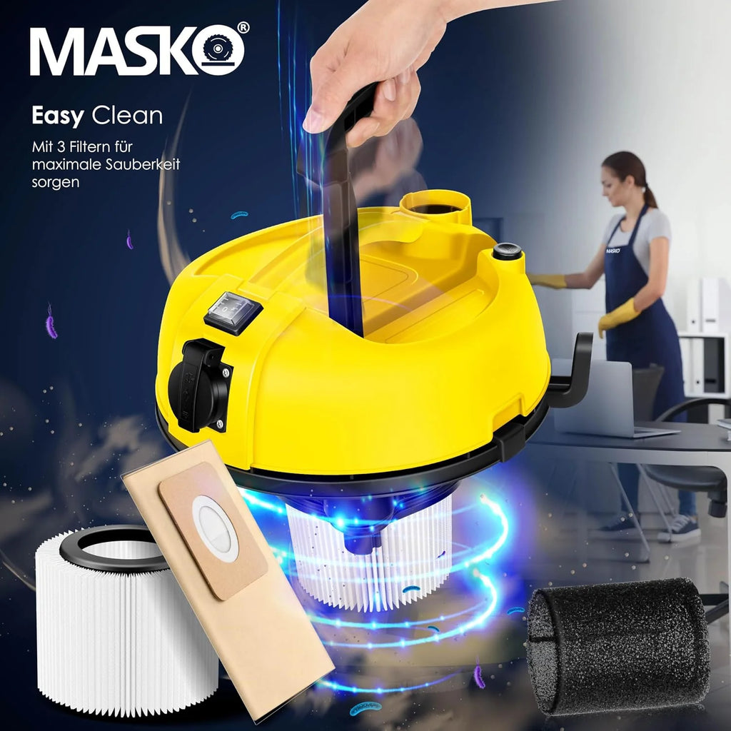 Masko® 6IN1 Aspirador Industrial en seco y húmedo de Cenizas 2300W + Toma de Corriente Función de soplado en seco y húmedo | sin Bolsa (Gelb)