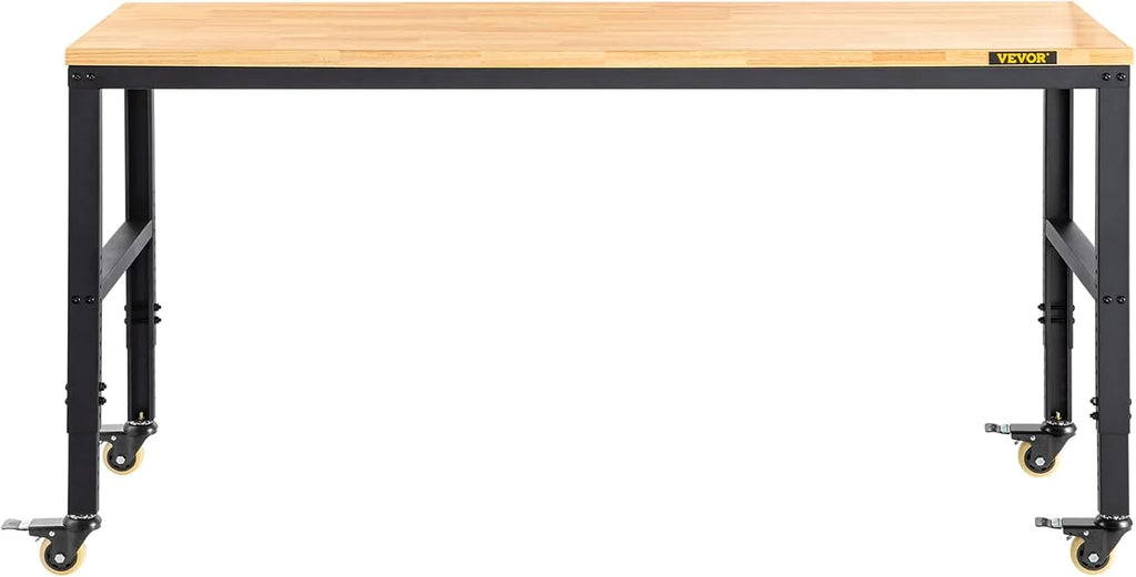 VEVOR Banco de Trabajo de Altura Ajustable 79-104 cm Banco para Taller Escritorio de Tablón de Roble 122x51 cm Marco de Acero Mesa de Trabajo con Ruedas Carga de 720 kg para Garajes Talleres Oficinas