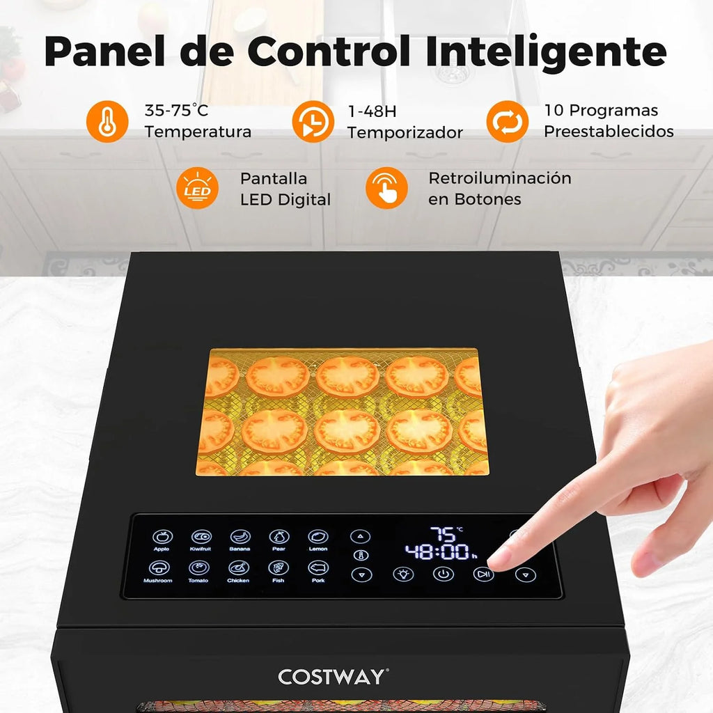 COSTWAY Deshidratador de Alimentos, Secador con 10 Bandejas de Acero Inoxidable, 10 Programas, Temporizador de 48H y Temperatura de 30-75℃, Máquina Deshidratadora para Carne, Frutas