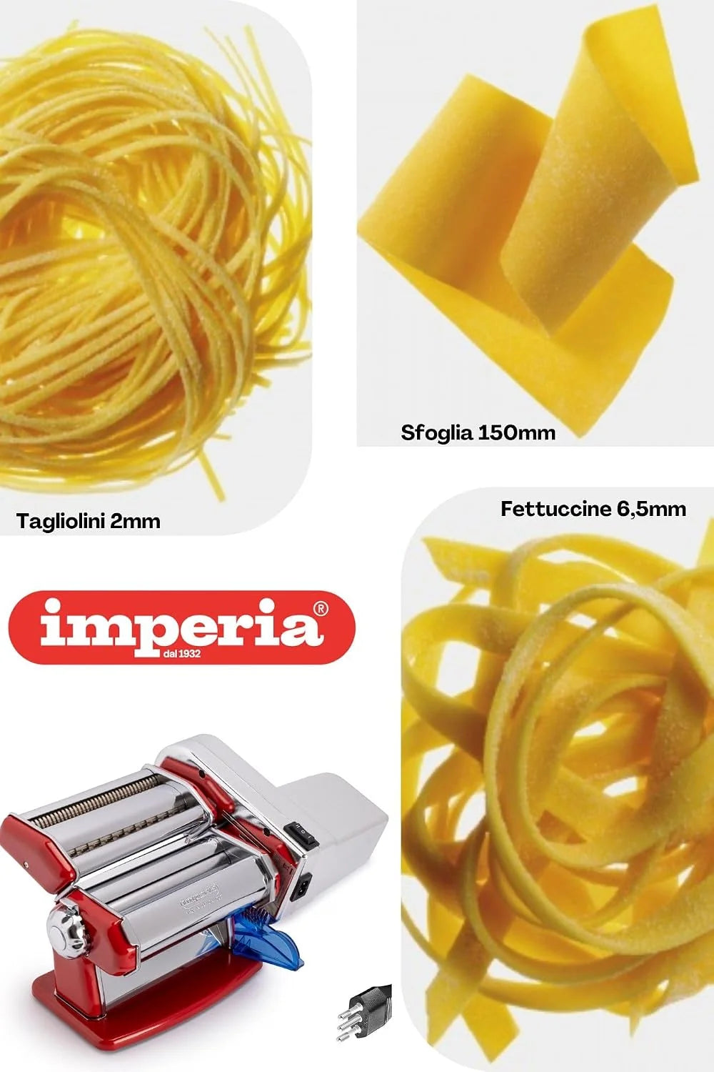Imperia Electric Línea Clásica. Máquina de pasta eléctrica. Made in Italy. Máquina de pasta fresca en acero con motor eléctrico 220v. Laminadora eléctrica para lasagne, tagliolini, fettuccine. (Plata)