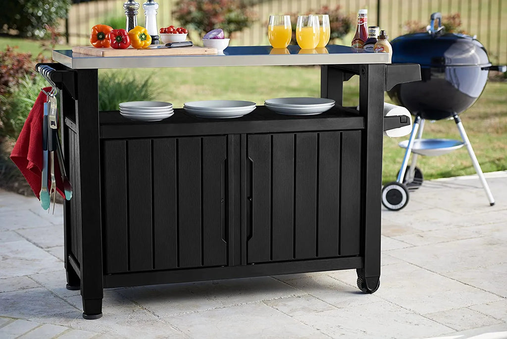 2025 Carro móvil de patio Keter Unity XL – Mesa de cocina exterior resistente a la intemperie con superficie de trabajo de acero inoxidable, espacio de almacenamiento con cerradura y accesorios