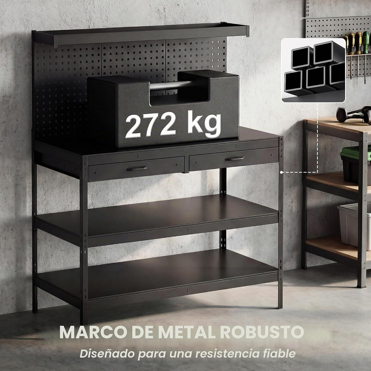 HOMCOM Banco de Trabajo 122x61x156 con Panel Perforado, 2 cajones, 272kg