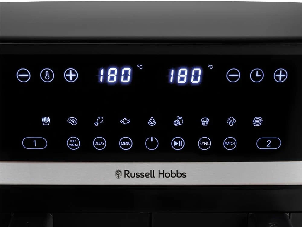 Russell Hobbs freidora de aire, freidora sin aceite, doble cesta 9 l, Air Fryer, ruido reducido, 9 programas, Rapid Air, máx. 200 °C, táctil, cestos aptos para lavavajillas, 2800 W, Satisfry 27681-56