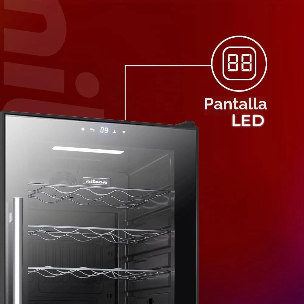 Nilson Vinoteca 32 Botellas Negro, NVN3200S. Cíclica, 39 dB Nivel Sonoro, Zona Única de Temperatura, Pantalla Digital, Luz Interior LED, Puerta Cristal, Apertura Tipo Uñero, Eficiencia Energética G