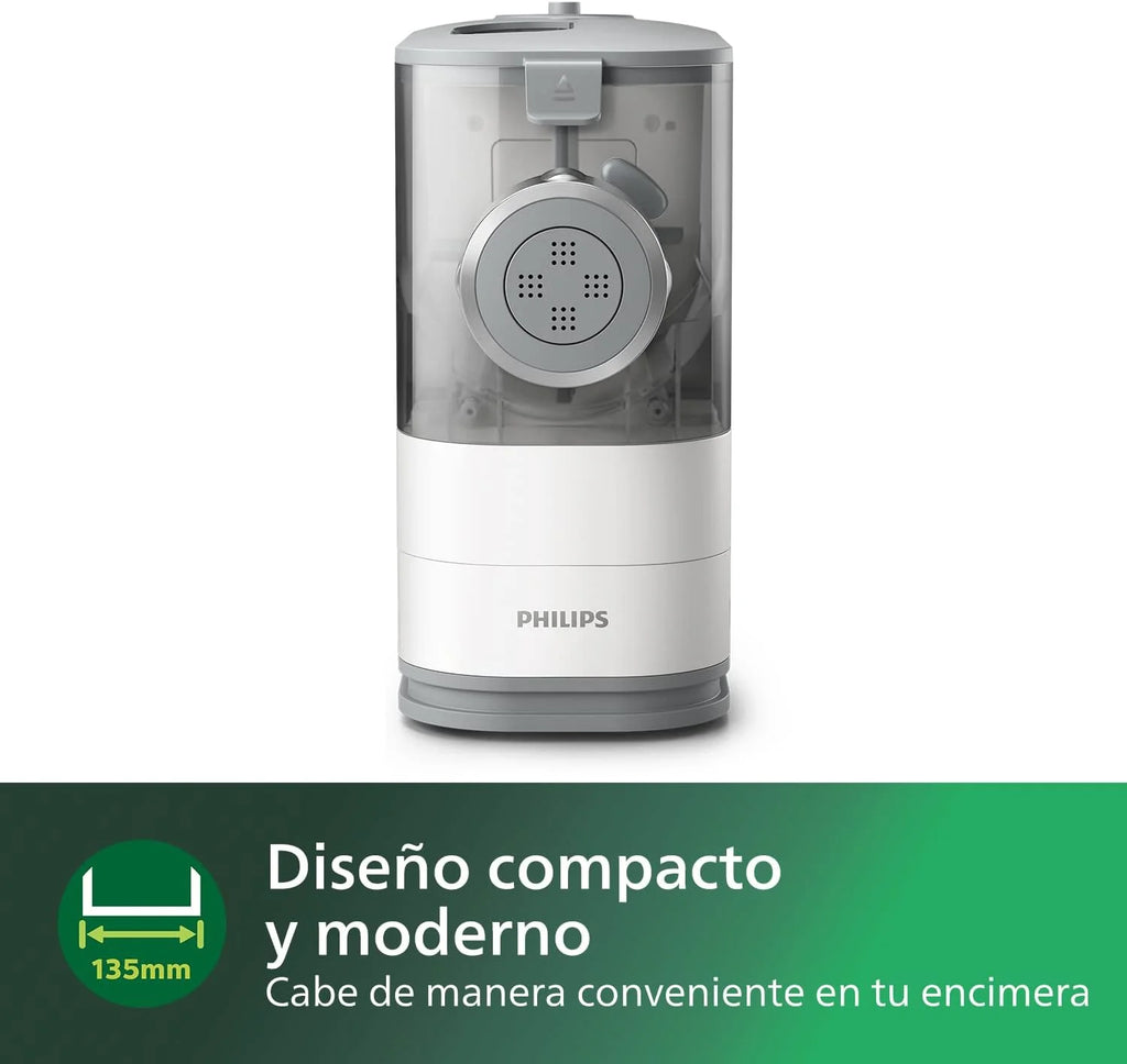 Philips Máquina para Hacer Pasta - Totalmente Automática, Pesaje Automático, 4 Moldes, Libro Recetas, Blanco/Gris Claro Atardecer (HR2345/19)