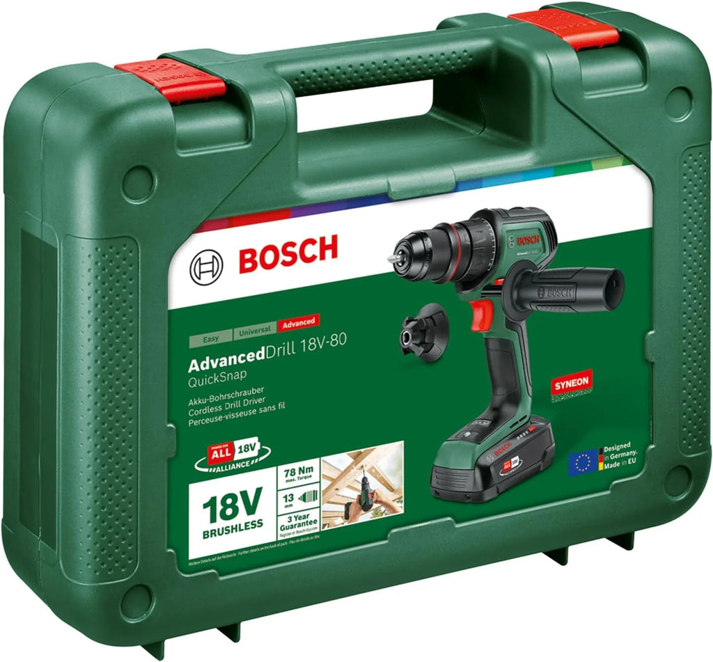 Bosch Taladro/atornillador con batería AdvancedDrill 18V-80 (taladrar/atornillar; sist. 18V; 78 Nm; portabrocas 13 mm; caperuza magn.; empuñadura adic.; con batería y cargador)