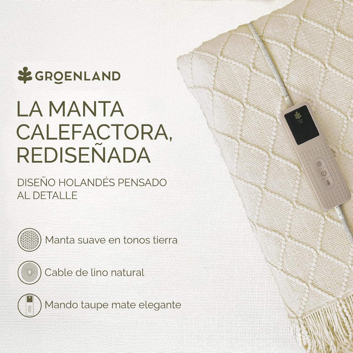 Groenland BOHEM Manta Calefactable Diseño para Sofá 180 × 130 cm White Clay