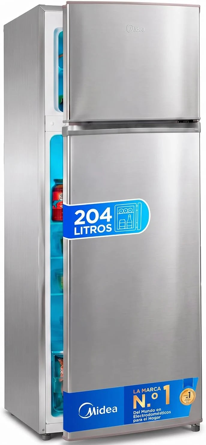 Midea Frigorífico 2 puertas 140 cm alto x 55 cm ancho, Inox, Capacidad 204 L, Nevera Pequeña con Congelador Low Frost de Bajo Consumo, Puerta Reversible, Luz LED, Silencioso 40dB, Cajón de Frutas