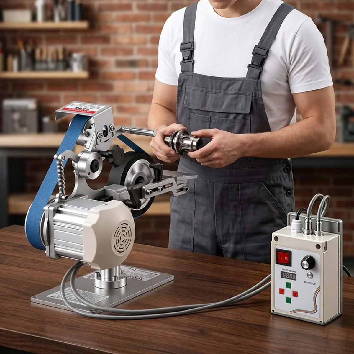 VEVOR Lijadora de Banda de 550 W con VFD Velocidad Variable 200 a 5000 RPM, 21 m/s Motor sin Escobillas, Amoladora de Lijado 762 x 25,4 mm, 2 Modos, 3 Bandas para Metal Madera Cuchillos Acero Taller