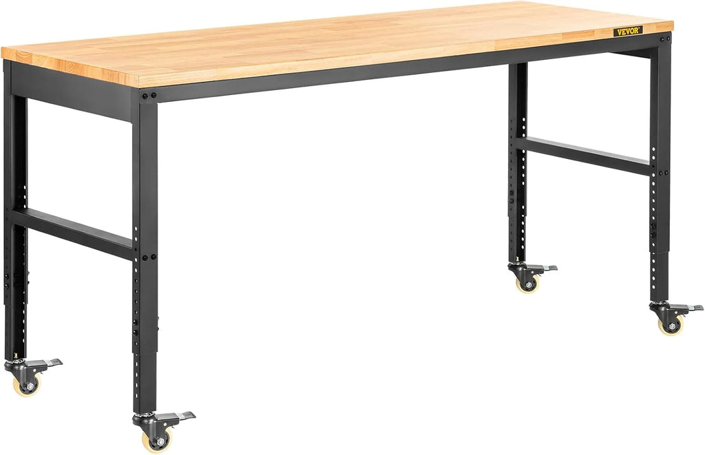 VEVOR Banco de Trabajo de Altura Ajustable 79-104 cm Banco para Taller Escritorio de Tablón de Roble 122x51 cm Marco de Acero Mesa de Trabajo con Ruedas Carga de 720 kg para Garajes Talleres Oficinas