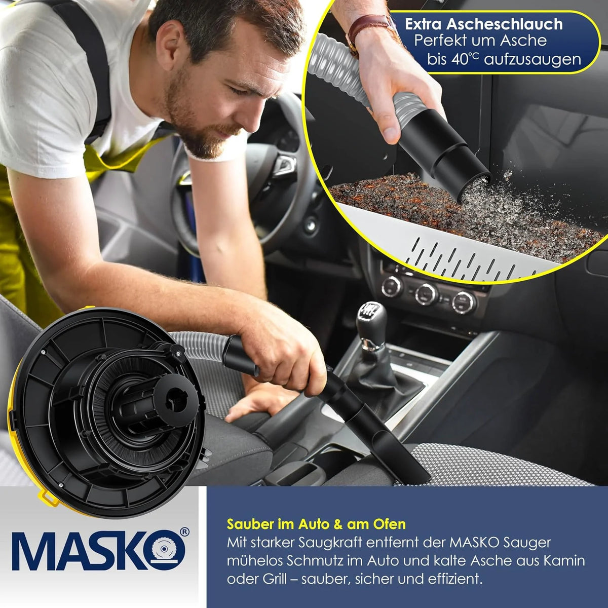 Masko® 6IN1 Aspirador Industrial en seco y húmedo de Cenizas 2300W + Toma de Corriente Función de soplado en seco y húmedo | sin Bolsa (Gelb)