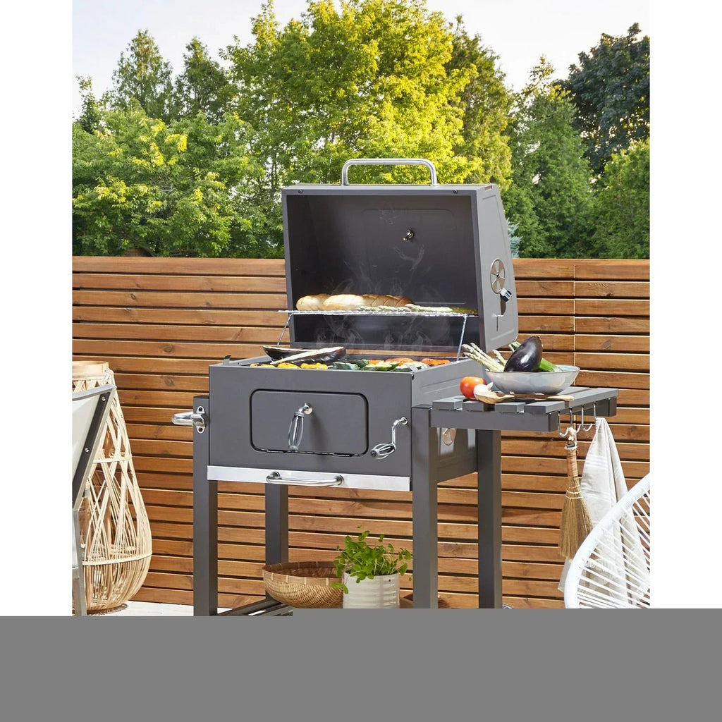 Barbacoa De Carbón Parrilla De Acero Gris Con Tapa Rejilla Ruedas 2 Estantes Termómetro Cenicero Extraíble Jardín Pavlof - Gris