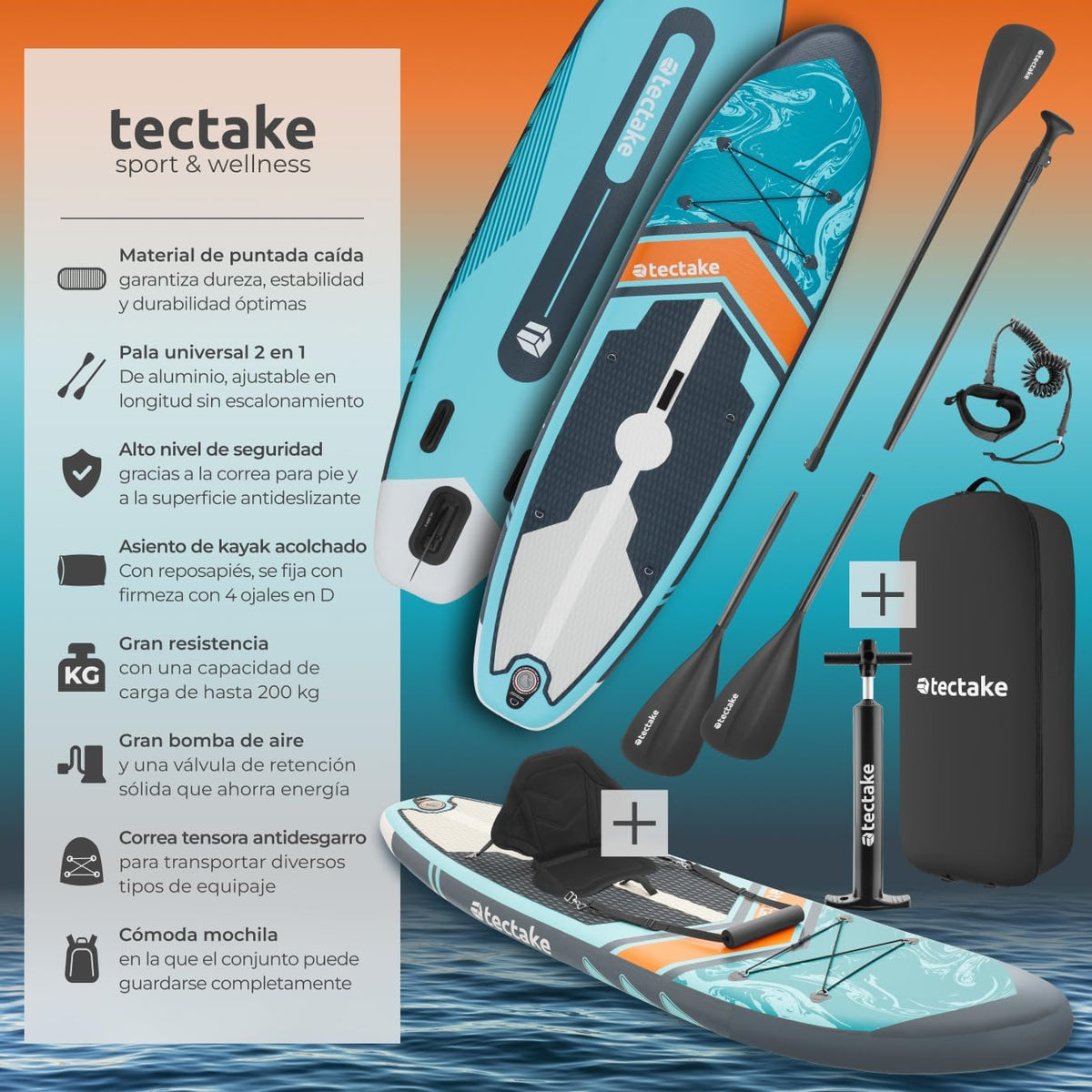 tectake® Tabla de Paddle Surf Hinchable, Incluye Remo 2 en 1, Asiento de Kayak, Bomba de Aire, Mochila de Transporte, Stand Up Paddle, Accesorios Paddle Surf, Tabla Hinchable