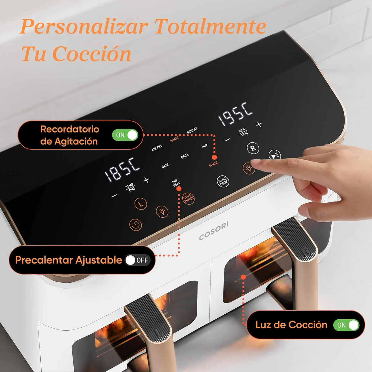 Cosori Freidora de Aire 8,5L, Doble Cesta con Ventana, 10 Funciones, Blanca