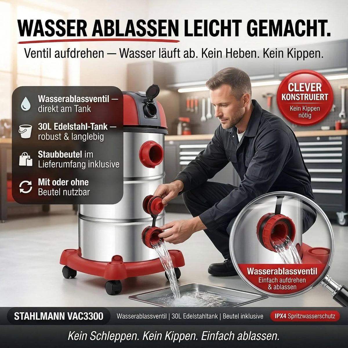 STAHLMANN VAC3300 - Aspiradora industrial en seco (depósito 30 L, enchufe integrado, 3300 W, con y sin bolsa, función de soplado, conexión a máquina, dispositivo profesional