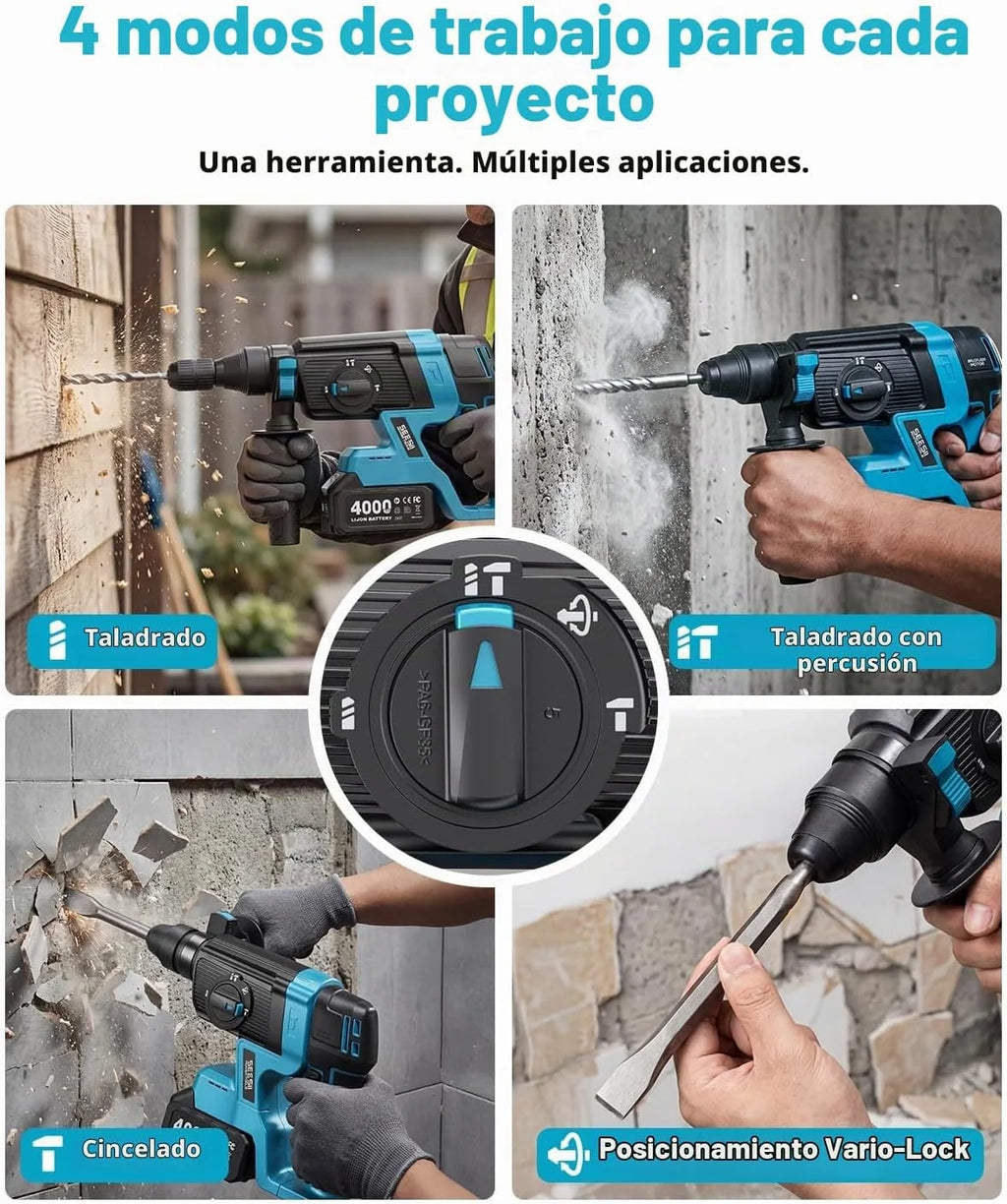 SEESII 2.8J Martillo Perforador a Batería, SDS Plus,Taladro Percutor 4 en 1