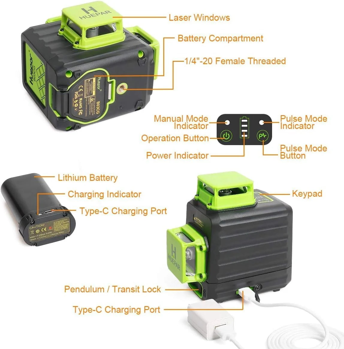 Huepar B03CG 3X360° Nivel Láser Verde 12 Líneas,Batería Recargable USB