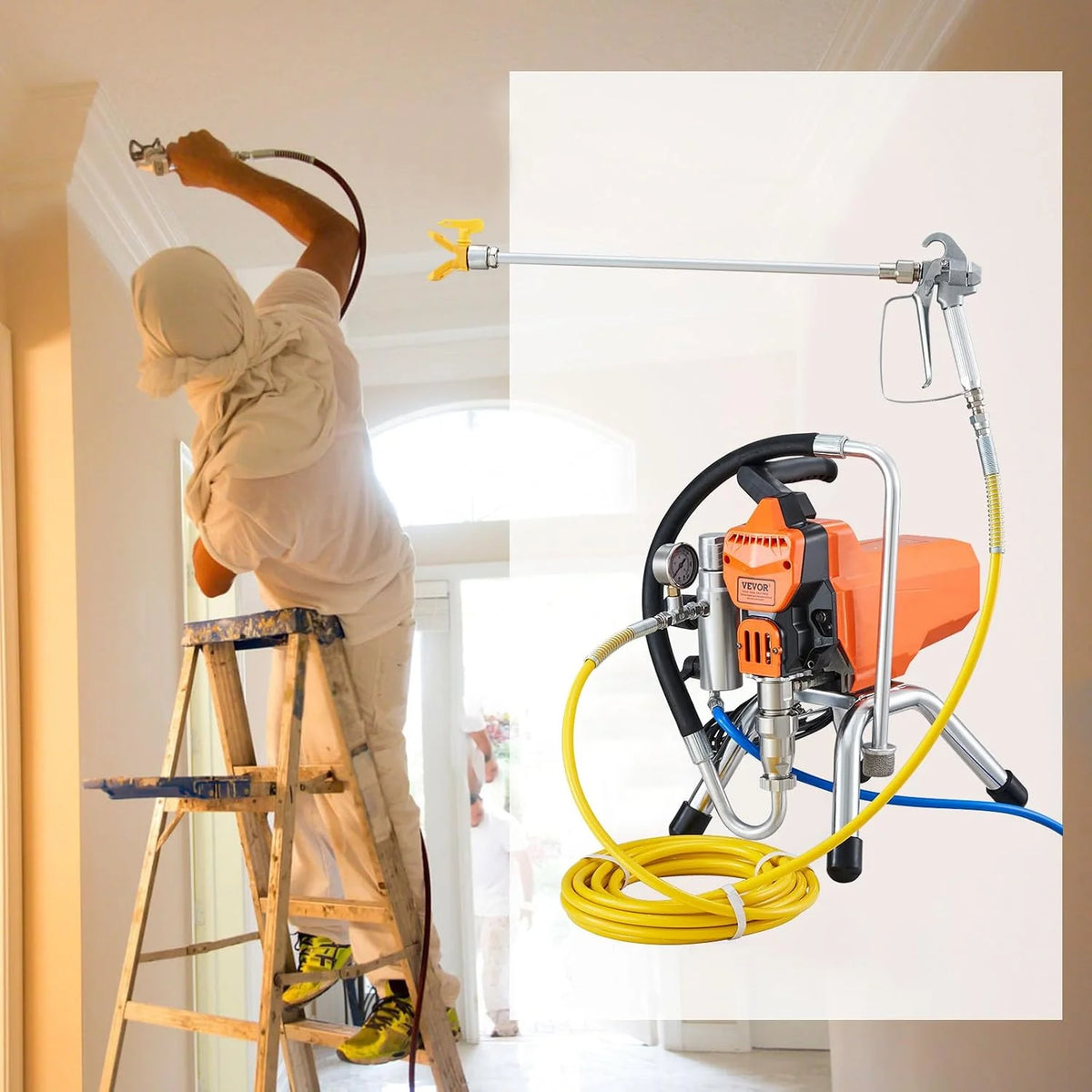 VEVOR Pulverizador de Pintura 2000 W Máquinas Pintura Airless 2 L/min Pistola de Pulverización Eléctrica sin Aire Presión Máxima 3000 PSI con Manguera de 9 m para Pared, Mueble, Exterior, Interior