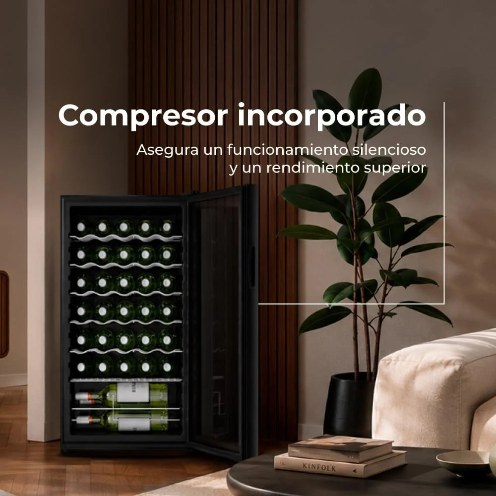 EVVO VT34 Vinoteca 34 botellas, enfriador de vino con compresor, 5-18ºC, panel táctil, silenciosa, display digital, LED interior, botellero vino y mini nevera vinoteca
