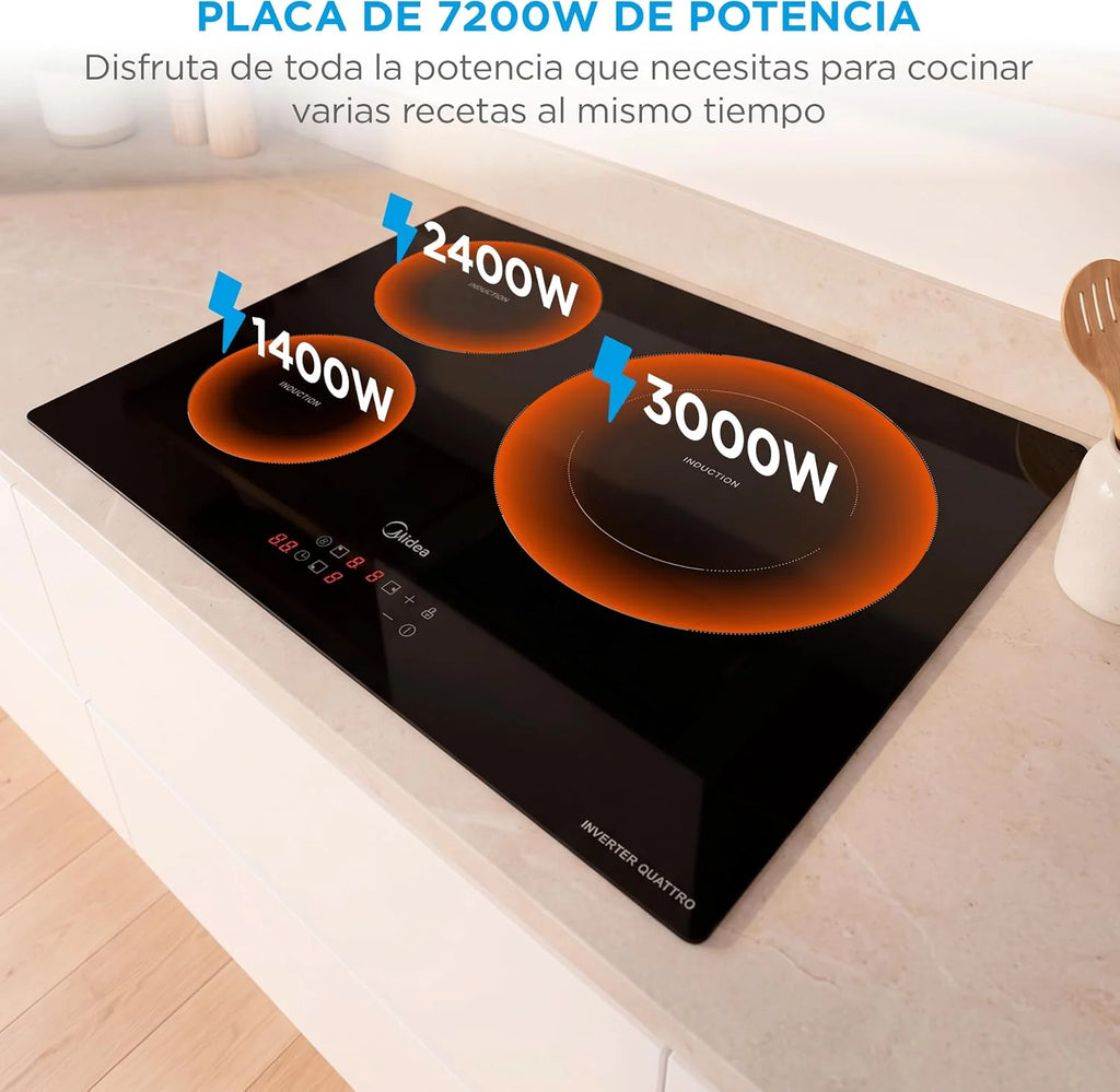 MIDEA Placa Inducción 3 fuegos 60 cm 7200 W - Vitroceramica Induccion Integrada con Panel de control tactil, Inverter quattro, 9 Niveles de Potencia, Booster, Indicador de Luz, y Temporizador.