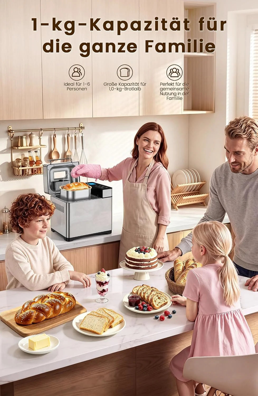 Panificadora de acero inoxidable 2LB 17 en 1 con recipiente para frutas y frutos, molde de cerámica antiadherente y panel táctil digital, 3 tamaños, 3 colores, set de reserva y mantenimiento