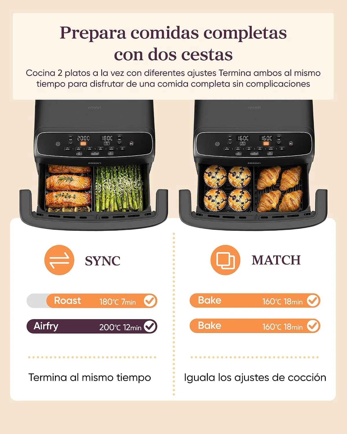 Cosori Freidora de Aire 8,6L Dual Blaze TwinFry Compact, sin PFAS ni Teflon