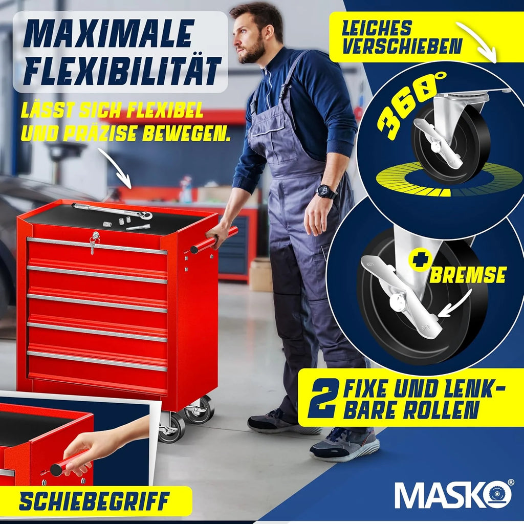 Masko® Carro de taller con 5 cajones y cerradura, rojo, metal macizo. Carro de herramientas profesional y movible sin equipamiento, carrito con ruedas para almacenamiento de herramientas con candado