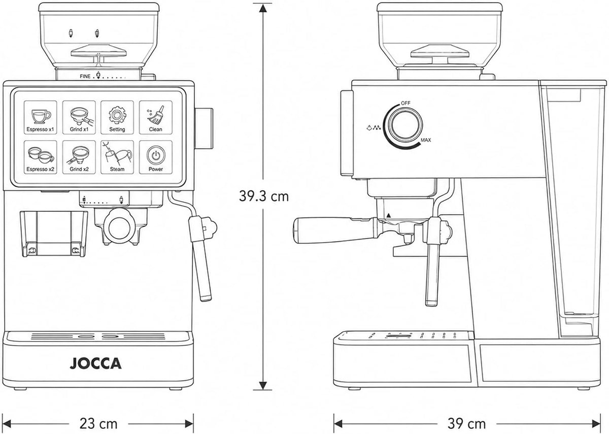 Jocca - Cafetera Espresso Semiautomática 20 Bar con Molinillo, Pantalla Táctil, 22 Niveles de Molienda, Vaporizador, Depósito 1,3L, 1450W, Acabado en cromado Acero Inoxidable