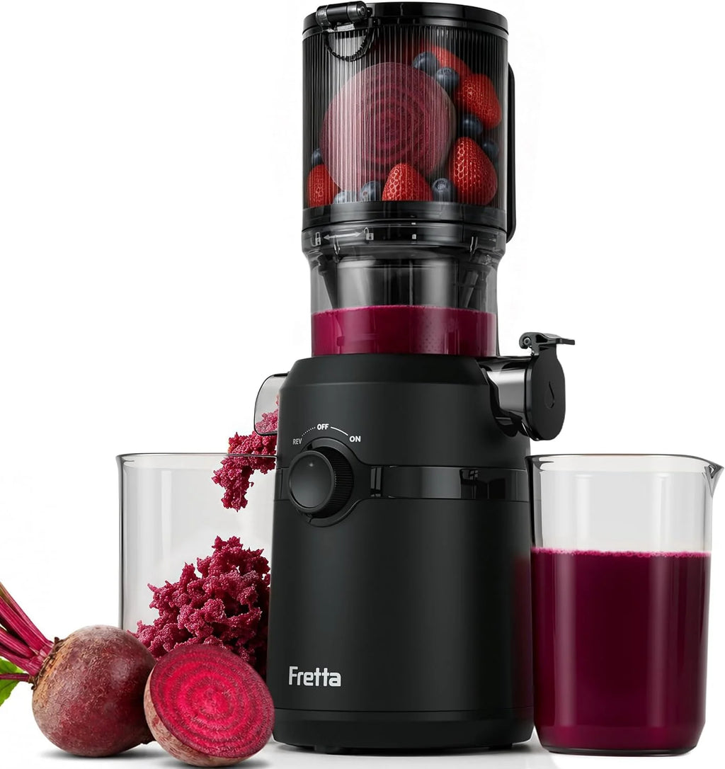 Fretta Extractor de Zumos y Verduras, Apertura de 108MM y Capacidad de 1L, Licuadora Prensado en Frio para Verduras Frutas Enteras, 200W Slow Juicer Machine, Fácil Montaje y Limpieza, Sin BPA (Negro)