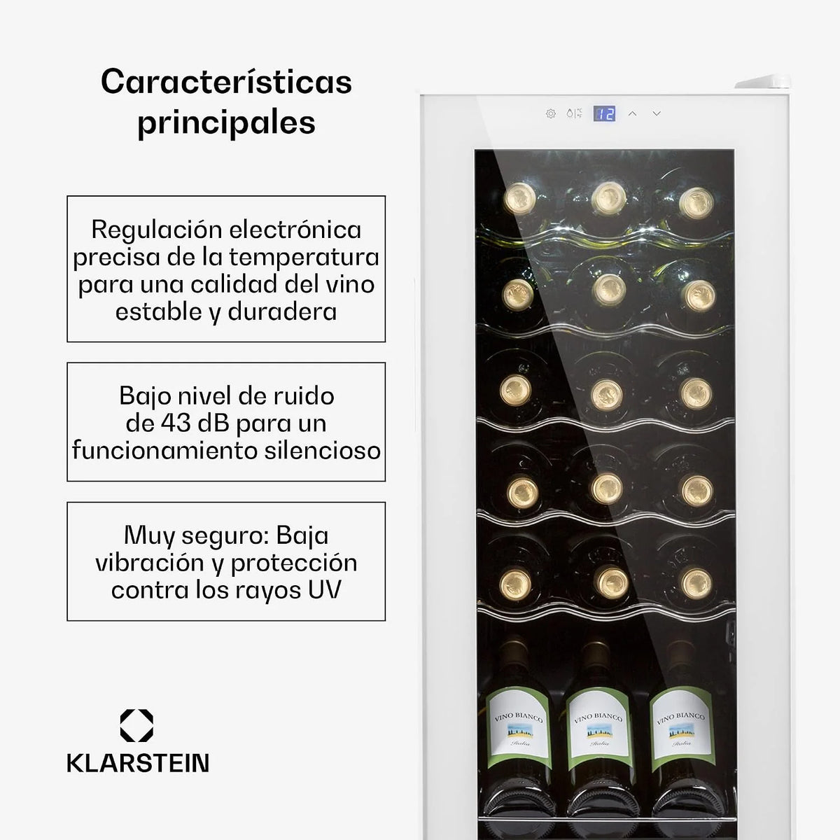 KLARSTEIN Shiraz Vinoteca Blanco – 18 Botellas, 50 L, 1 Zona | Nevera para Vinos de Libre Instalación, Puerta de Cristal, Silenciosa, 5–18 °C, LED, Marco Inox