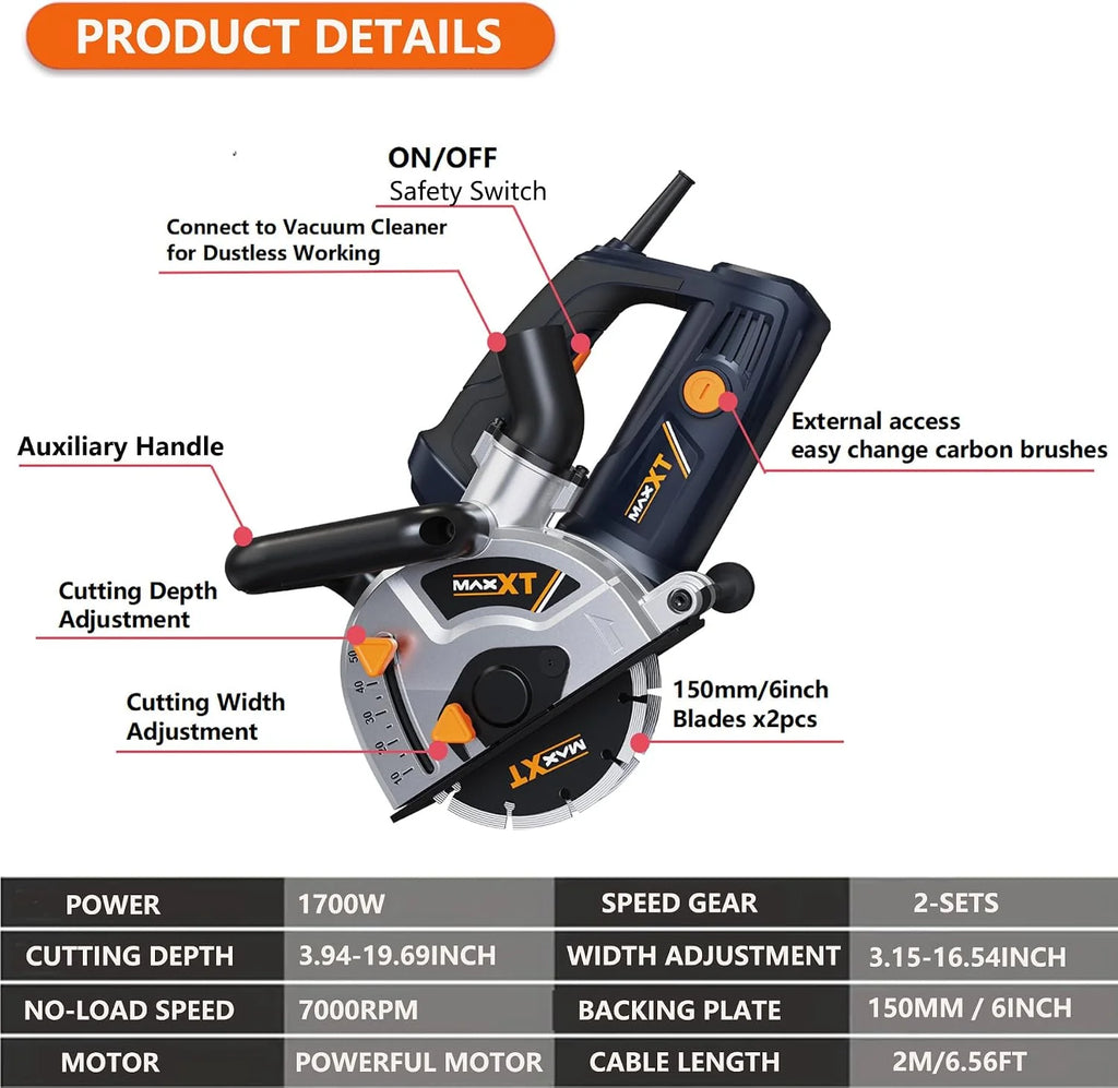 MAXXT Rozadora pared 1700 W, mín. 7000 revoluciones, ajuste de profundidad de fresado continuo, ajuste de anchura de corte flexible, incl. 2 discos de corte de diamante