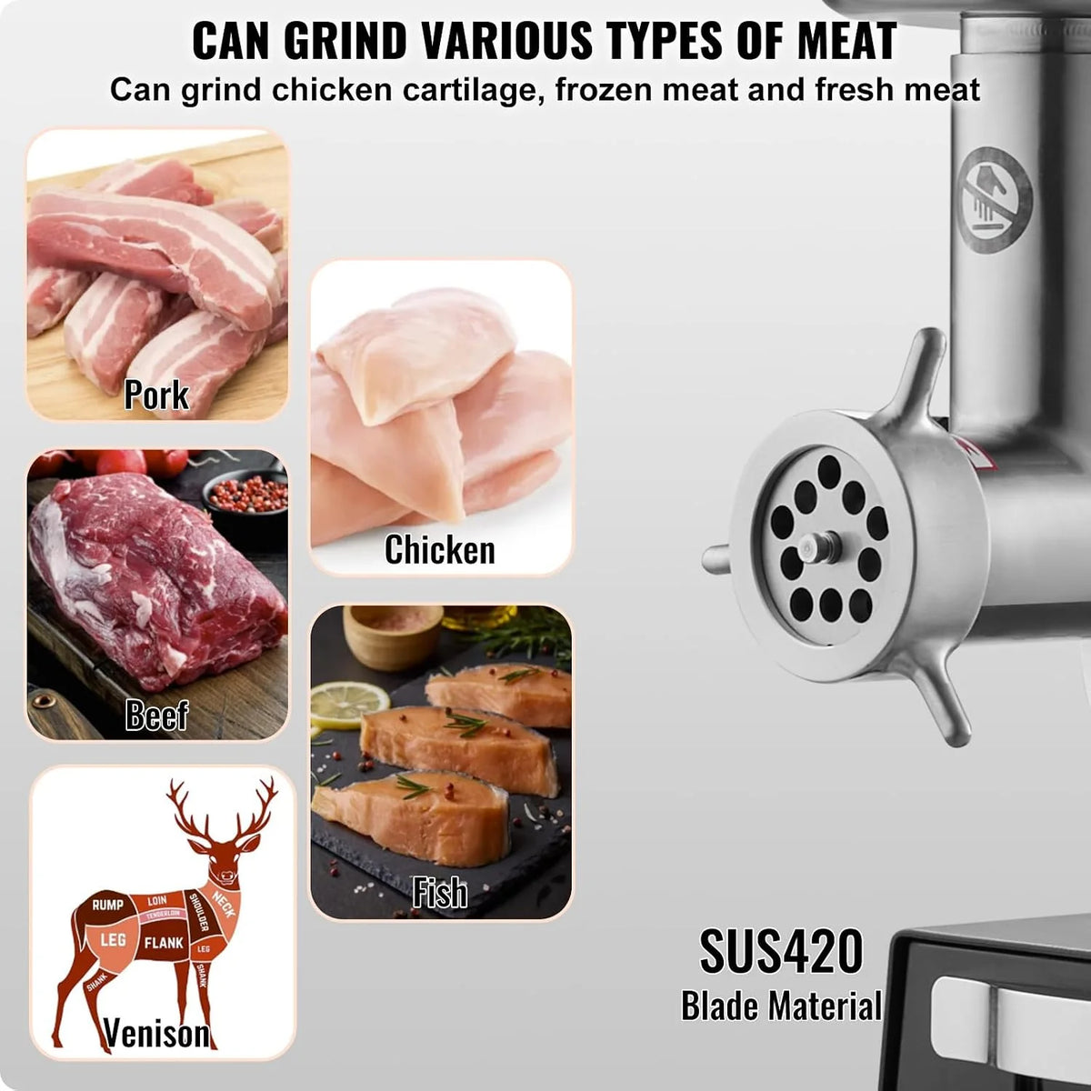 VEVOR Picadora de Carne Eléctrica Industrial de Encimera, Capacidad 2,7 kg/Min, con Cuchilla, Placa de Molienda, para Hacer Salchichas, Acero Inoxidable, para Cocina y Restaurante, 530 x 250 x 440 mm