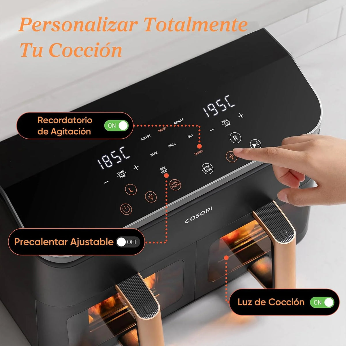 Cosori Freidora de Aire 8,5L, Doble Cesta con Ventana, 10 Funciones, Gris