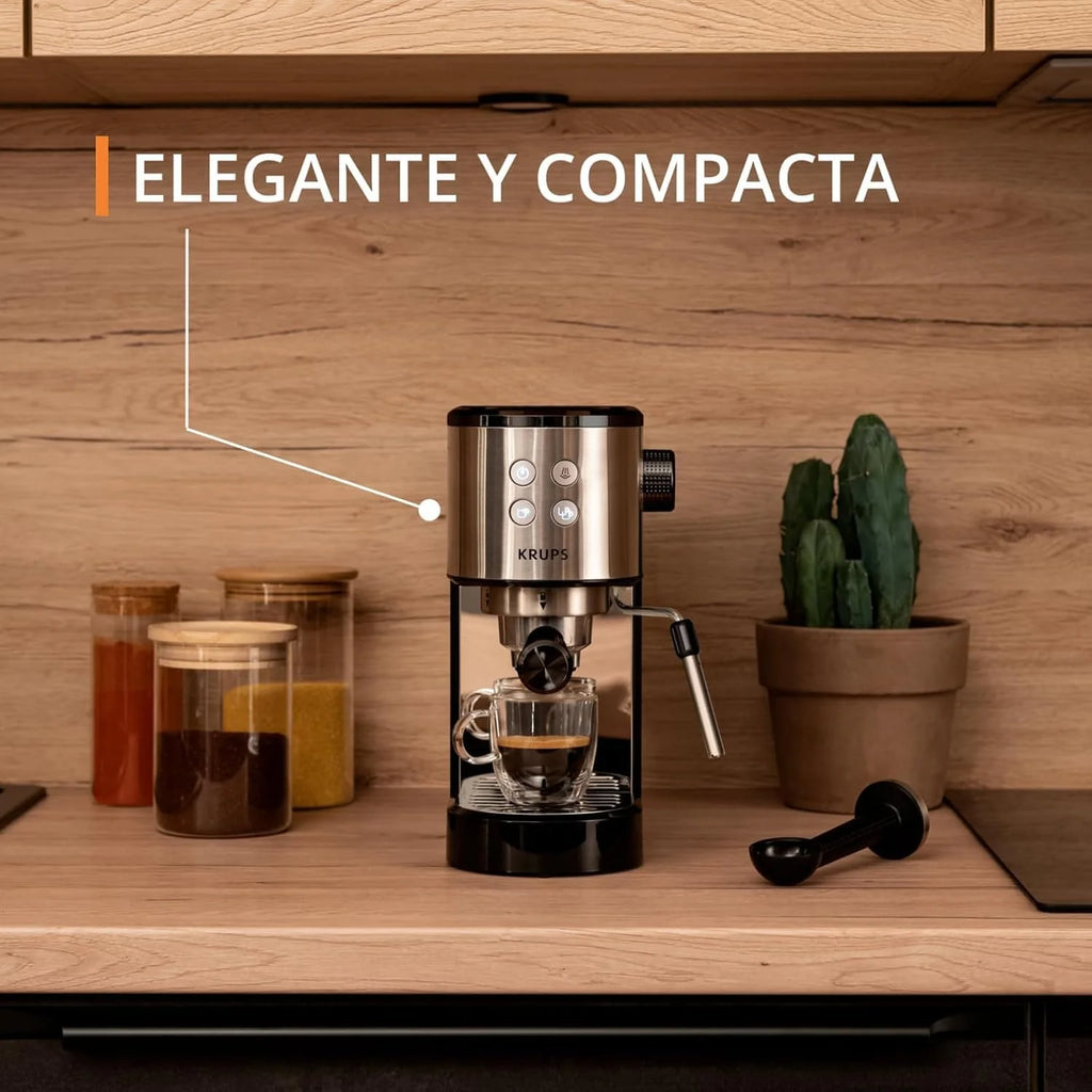 Krups Virtuoso Essential - Cafetera espresso 15 bar, acero inox negro, diseño compacto y elegante, parada automática, espresso y cappuccino, Thermoblock, boquilla de vapor, incluye cuchara, XP4418