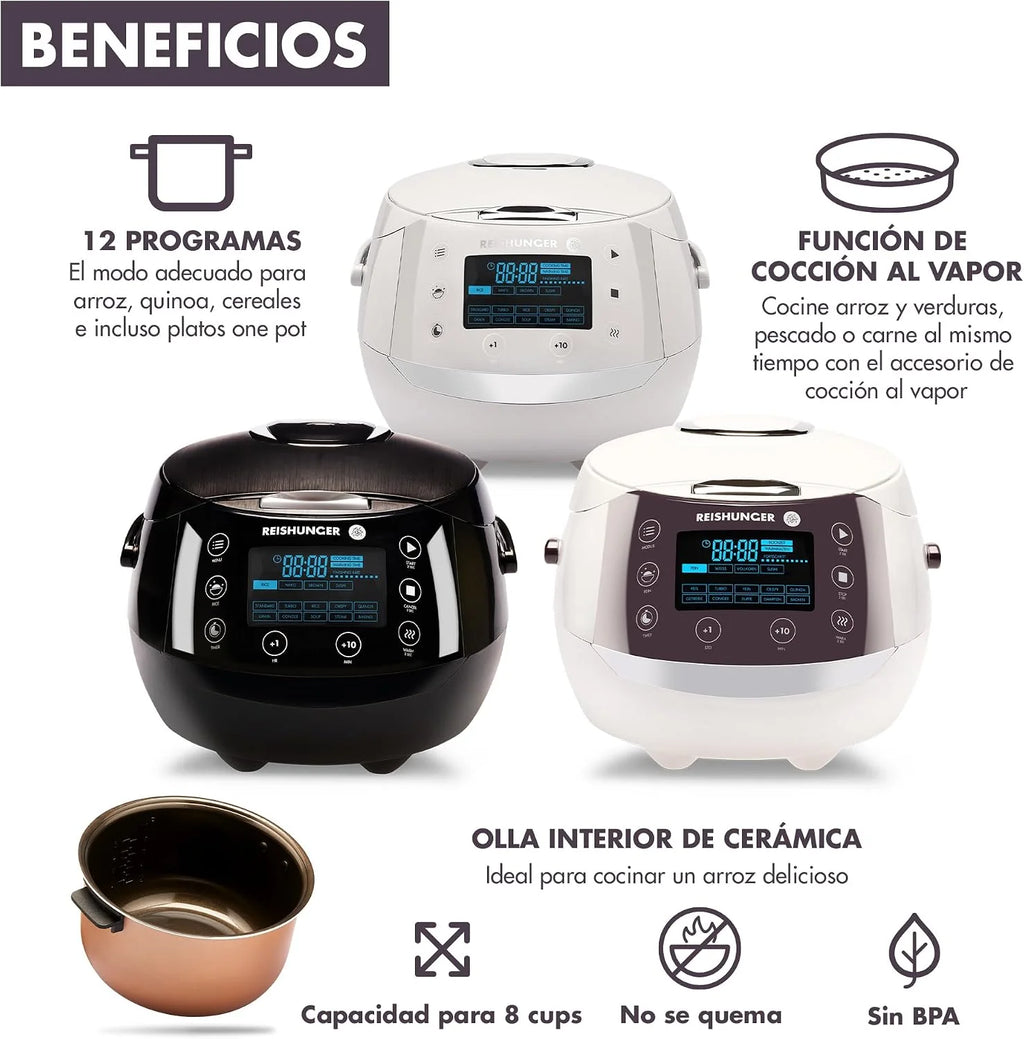 REISHUNGER Olla Arrocera Eléctrica y Vaporera – 1,5 L – Negra