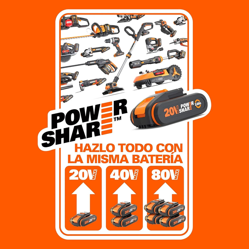 WORX WX696 Multiherramienta Sonicrafter 20V-2Ah, velocidad variable, LED, corte preciso, lijado y detalle, batería cargador, maletín y 35 accesorios incluido, bricolaje y trabajos de precisión