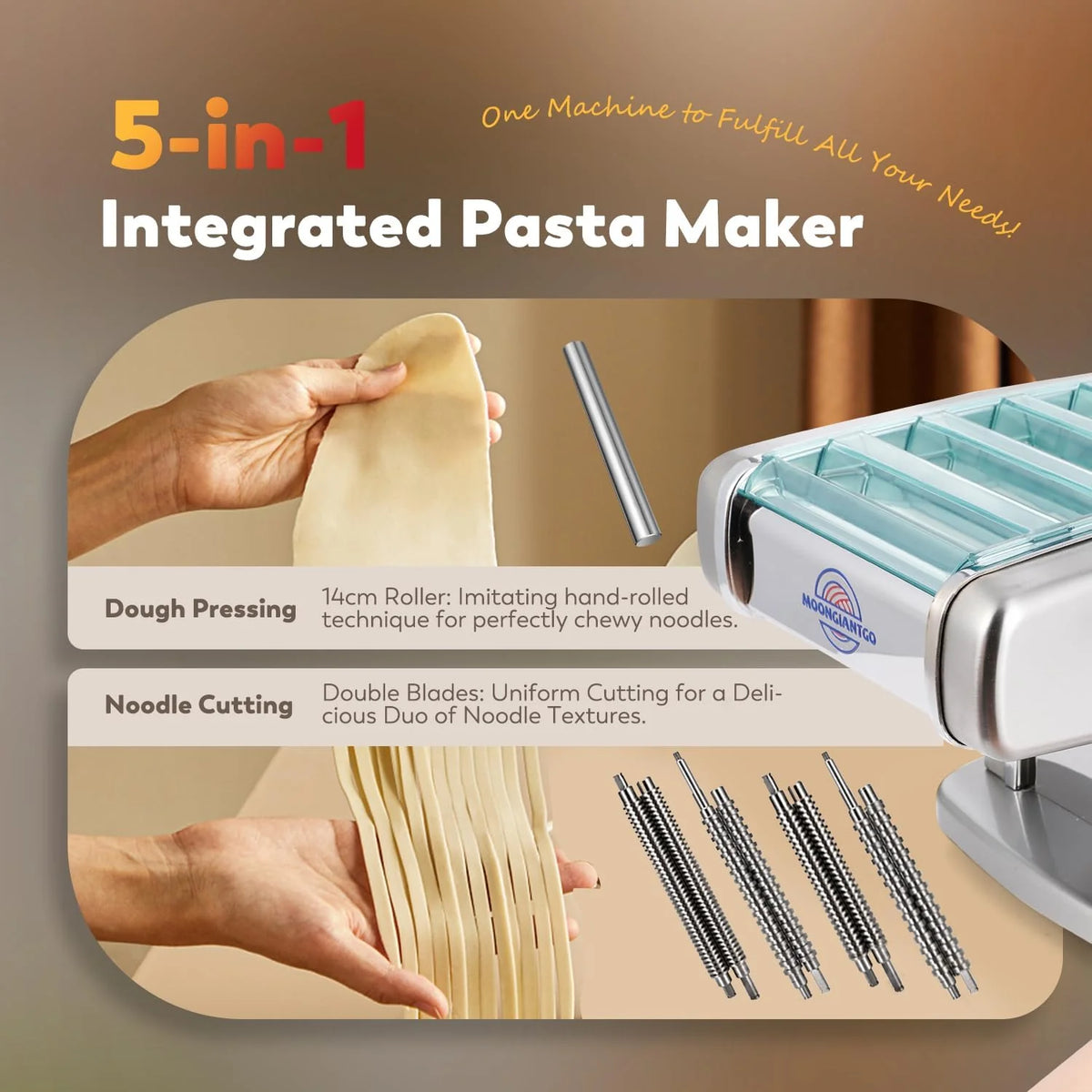 Moongiantgo Máquina Pasta Eléctrica, 4 Cuchillas, 9 Ajustes de Espesor