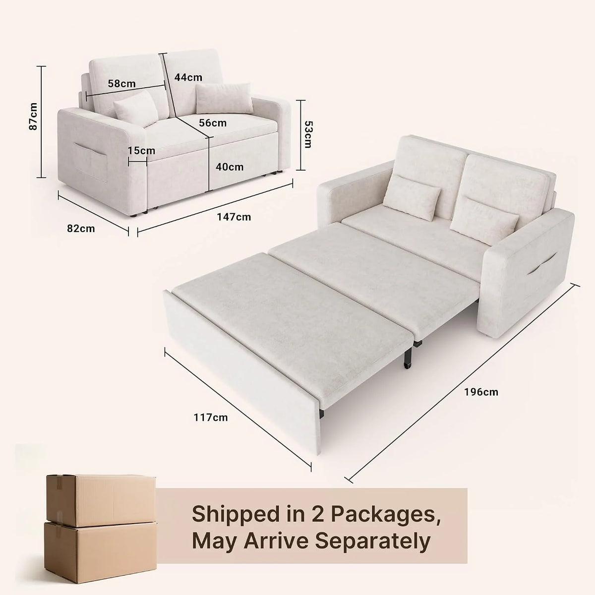 Xbro 2 Seater Sofa Bed, 3-in-1 Convertible Armchair with Bed, Two Storage Pockets, Velvet Upholstery, 147 x 196 x 87 cm, Includes Two Cushions, Beige