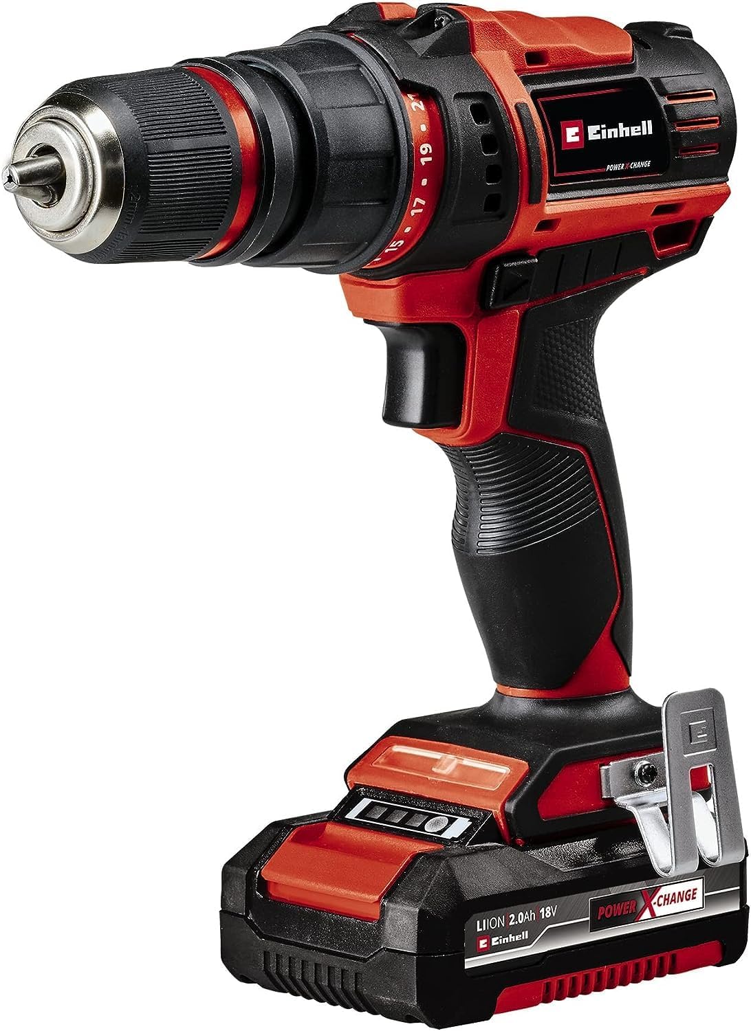 Einhell Taladro con batería TE-CD 18/45 3X-Li+22 Power X-Change (18 V, 45 Nm, portabrocas desmontable, pieza angular y excéntrica, set de puntas de 22 piezas, 2 baterías de 2,0 Ah, cargador + E-Box)