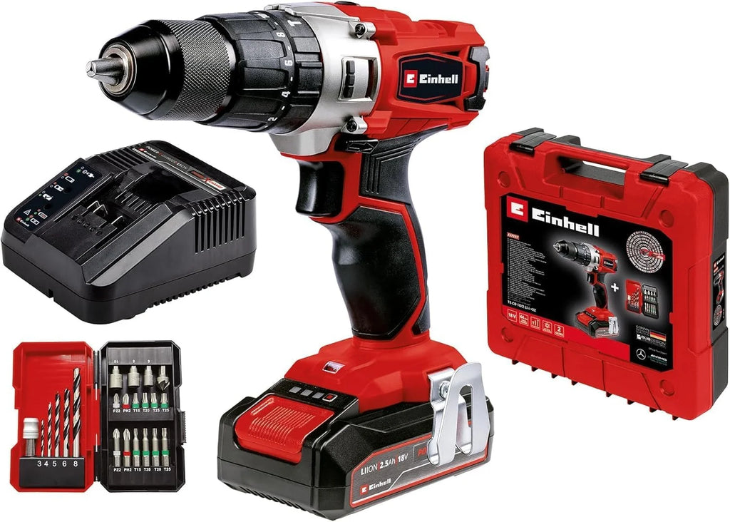 Einhell Taladro percutor con batería TE-CD 18/2 Li +22 (1x2,5 Ah) PXC (iones de Li, 18 V, 44 Nm, engranaje de 2 veloc., incl. batería de 2,5 Ah, cargador rápido, caja de puntas de 22 piezas y maletín)