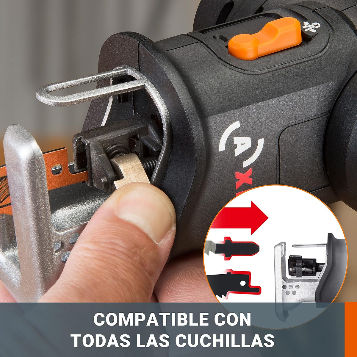 WORX WX550.9 Sierra Calar y Sable Axis 2 en 1 20V Sin Batería, Cambio Rápido de Hoja, Movimiento Pendular, Soplador, Doble Encendido, LED