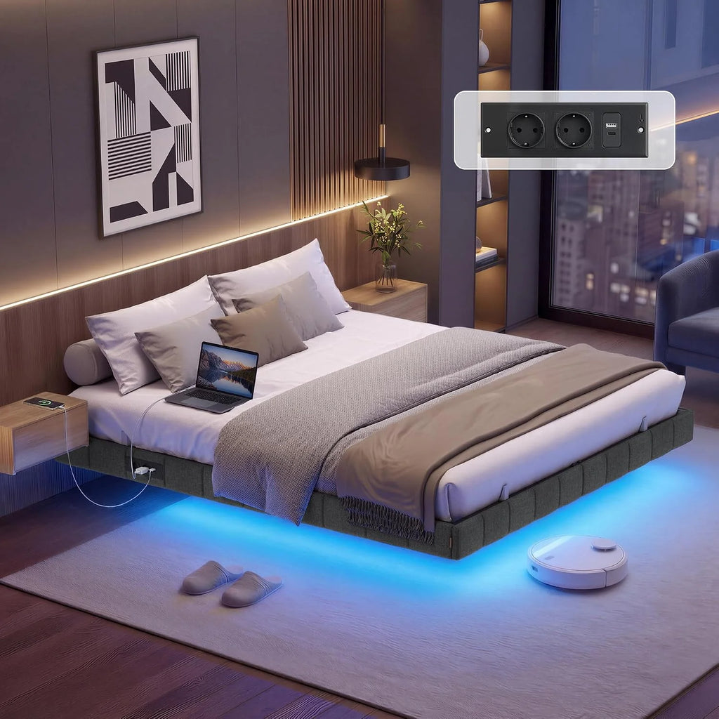 VASAGLE Floating Bed Frame, 16 x 200 cm, LED, 2 Sockets