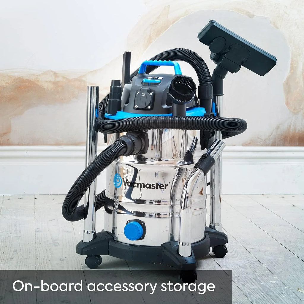 Vacmaster VQ1530SFDC 1500W 30L Aspirador en seco y húmedo, Industrial de Acero Inoxidable, Función De Soplador, Toma De Corriente con Herramientas Eléctricas