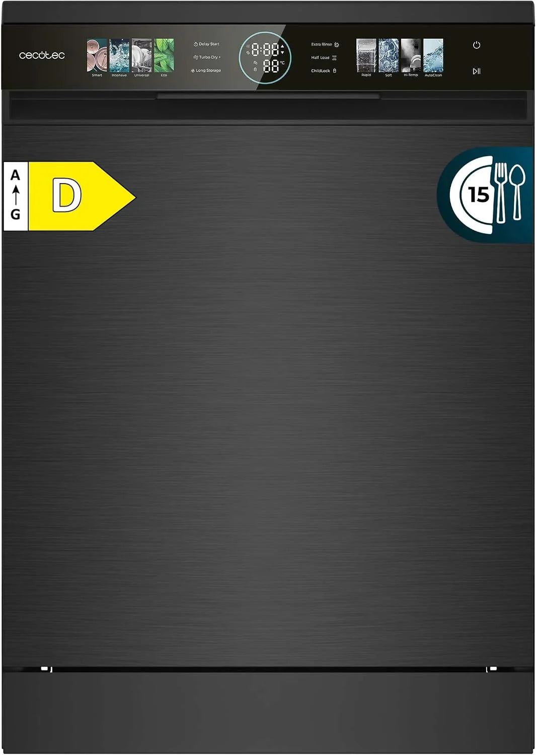 Cecotec Lavavajillas Compacto de 60 cm Bolero Aguazero 6320 Dark D, 1900W, 15 Cubiertos, 8 Programas, Pantalla FullColor XXL, Smart Wash, Turbo Dry+, AutoClean, Media Carga, Delay Start, ChildLock
