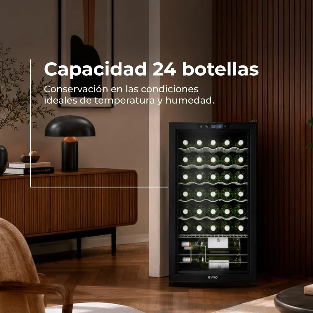 EVVO VT34 Vinoteca 34 botellas, enfriador de vino con compresor, 5-18ºC, panel táctil, silenciosa, display digital, LED interior, botellero vino y mini nevera vinoteca