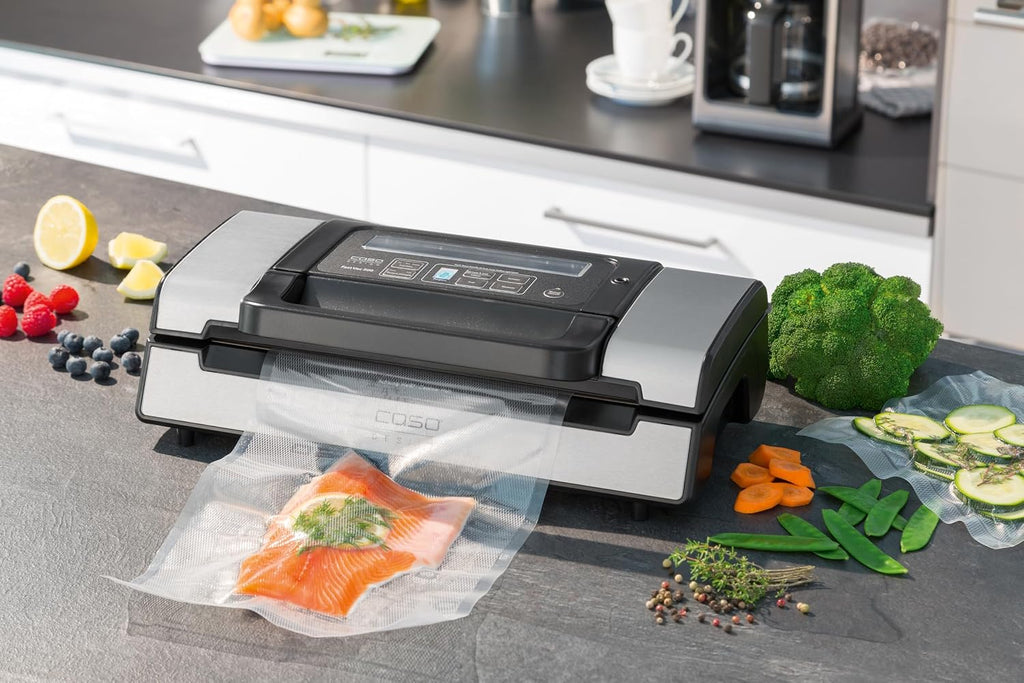 CASO FastVac 500 - Envasadora al vacío profesional high end, doble bomba de pistón de 20 litros/minuto, doble costura de sellado, incluye 2 rollos de film gratuitos, para cazadores y hostelería