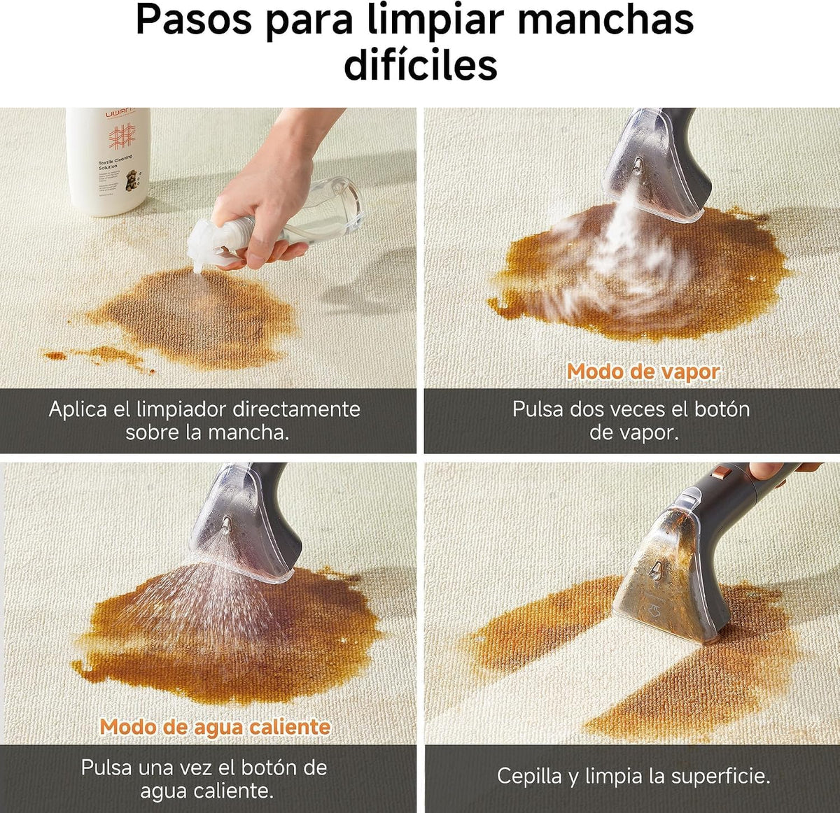 Uwant Limpiador de Tapicerías con Sistema de Vapor y Agua Caliente, 18kPa de Potente Succión, Limpiador Portátil con 4 Herramientas de Limpieza y Solución Incluida, para Sofás set of 1