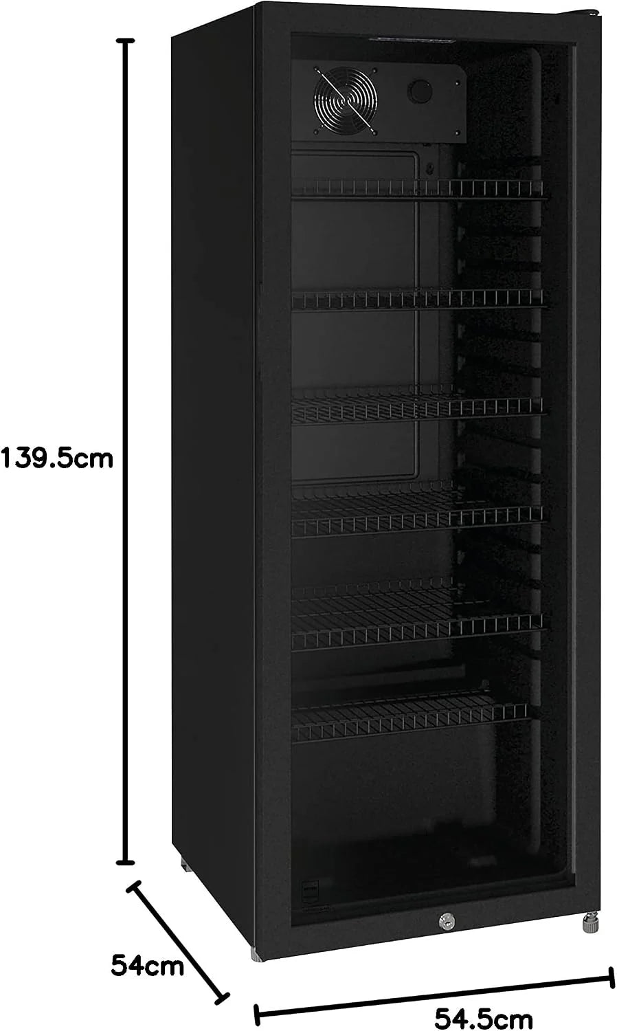 METRO Professional Frigorífico para Bebidas GSC4240B, Nevera Vertical con Puerta de Cristal, 54 x 54.5 x 139.5 cm, Iluminación Led, 6 Estantes Ajustables, con Cerradura, 4-18 °C (237 L, Negro)