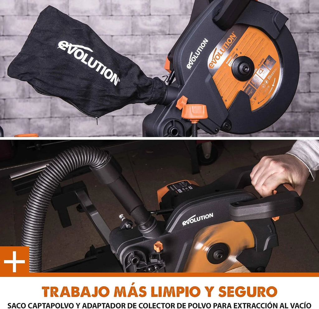 Evolution Power Tools R255SMS Sierra ingletadora Deslizante multimaterial, con Paquete Plus, Corta acero dulce, aluminio, plástico, madera con clavos incrustados 230 V, 255 mm