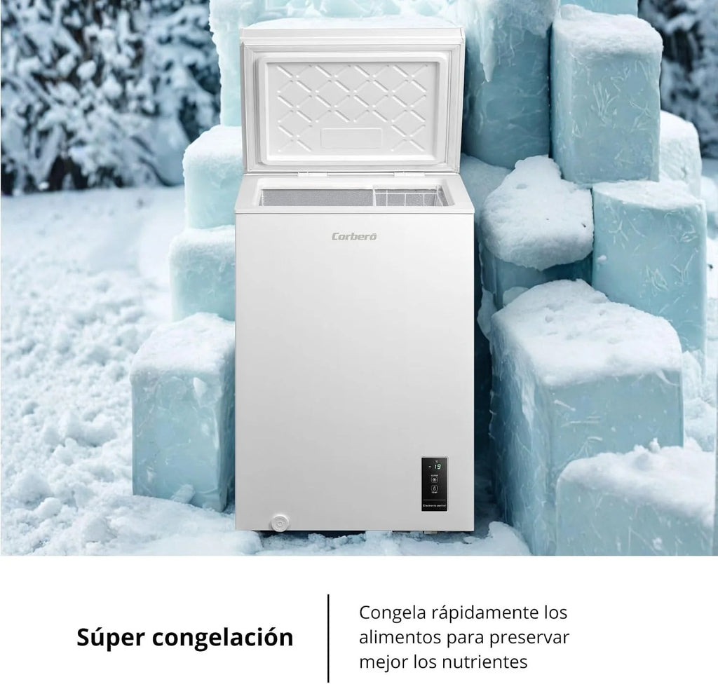 Corberó - Arcón Congelador Horizontal | CCHM1006M | 99L | 54,7cm x 84,9cm | Motor Inverter 38db | Sistema Dual | Súper Congelación | Control con Display | 1 Cesta |Blanco